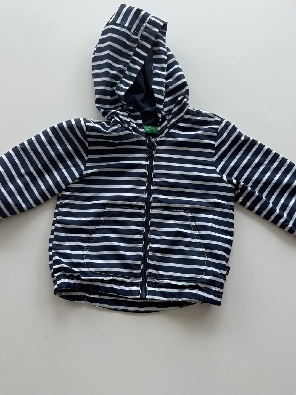 United Colors of Benetton Striped Navy & White Hooded Infant Jacket